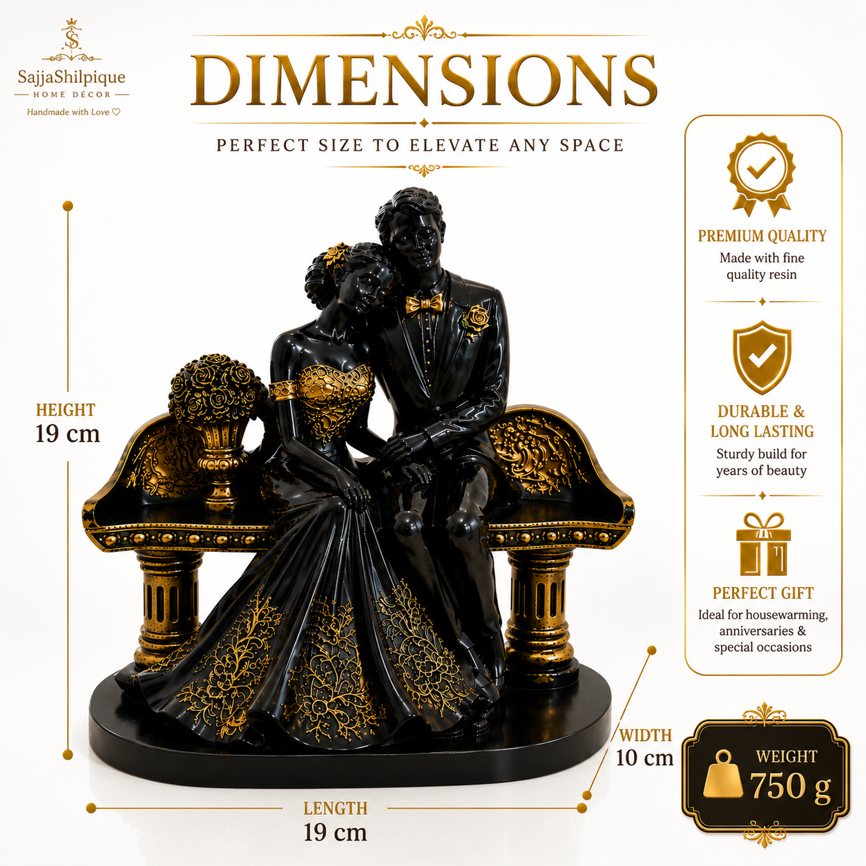 Black & Gold Romantic Couple Statue - Image 3