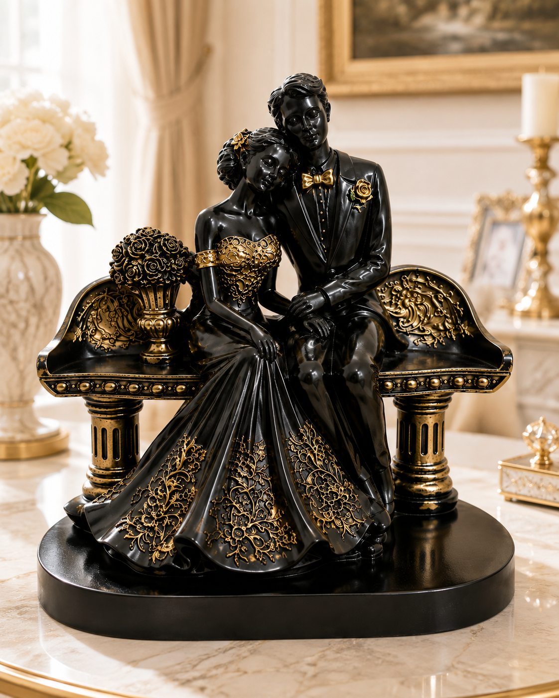 Black & Gold Romantic Couple Statue - Image 5