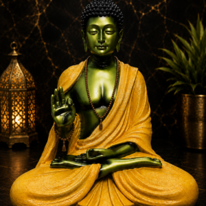 Green and Yellow Buddha Statue with Mala – Premium Meditation Home Decor