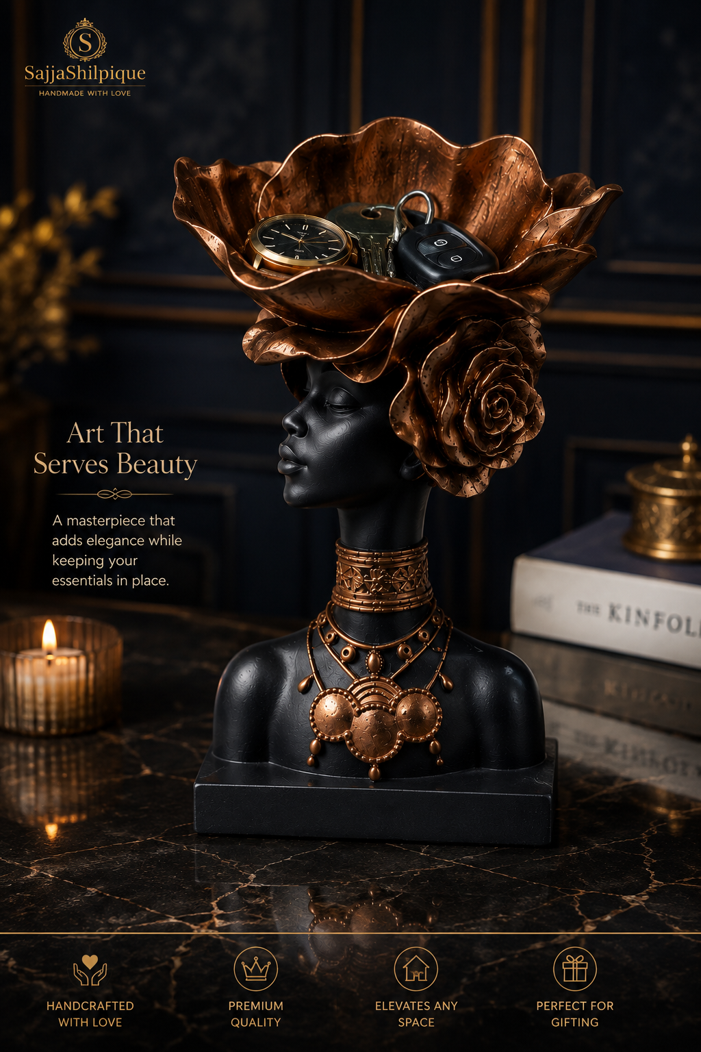 Elegant Black & Bronze Woman Bust Showpiece - Image 5