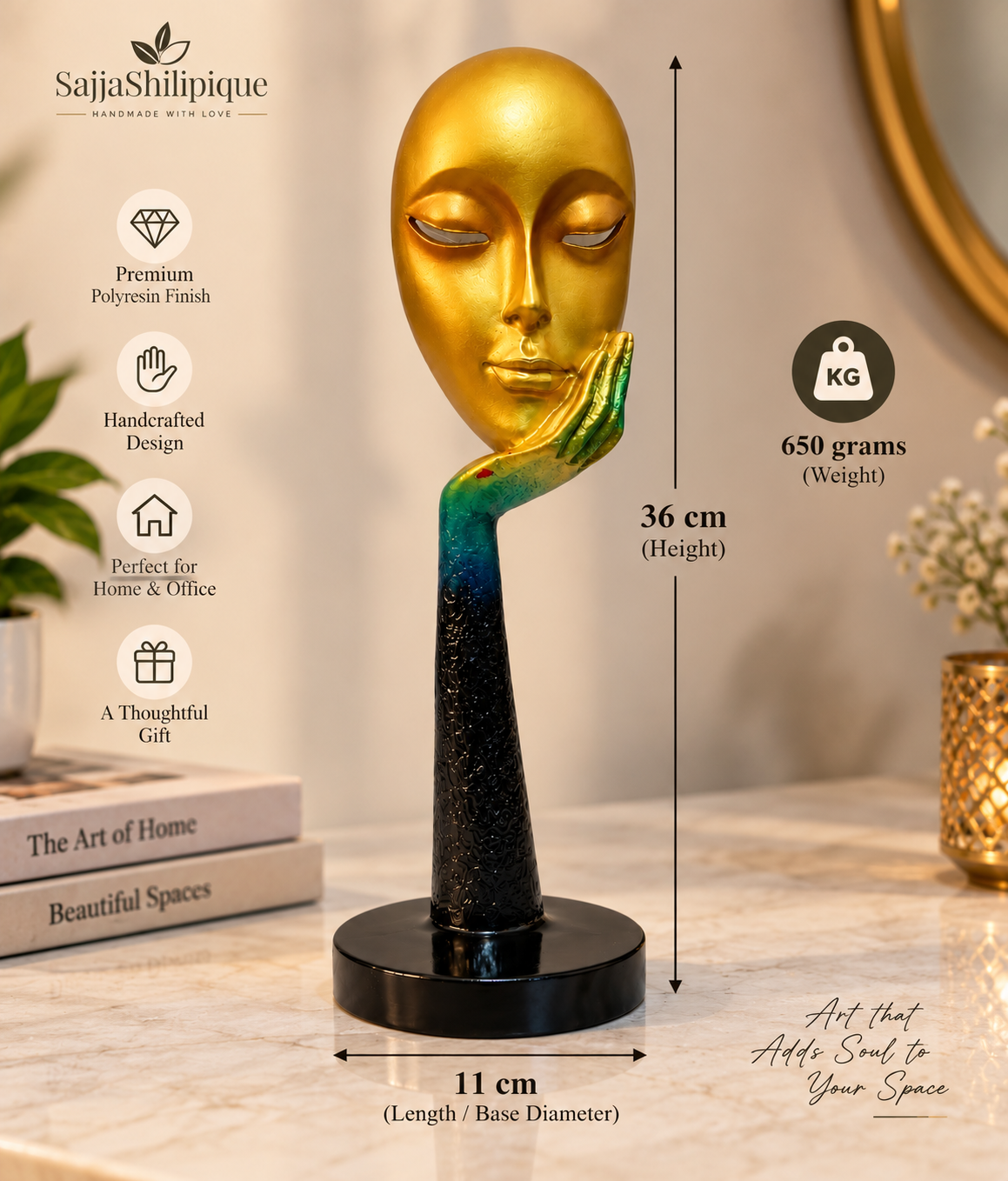 Golden Human Face Lady Sculpture Showpiece - Image 5