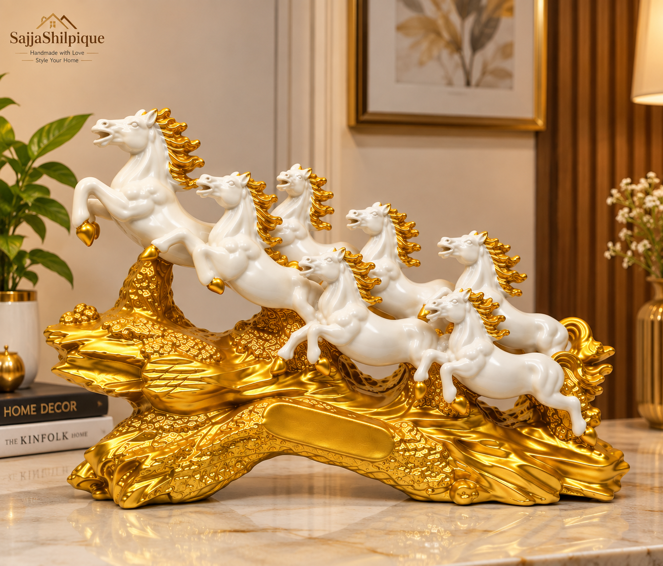 Majestic White & Gold Horse Showpiece – 7 Horse Sculpture - Image 6