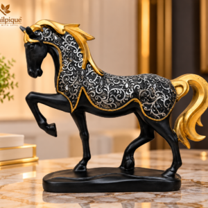 Royal Black Gold Horse Showpiece with Silver Detailing
